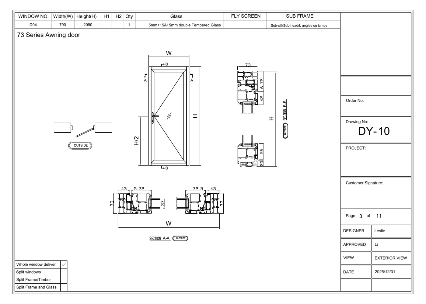 73 Series Hinged Door technical drawing