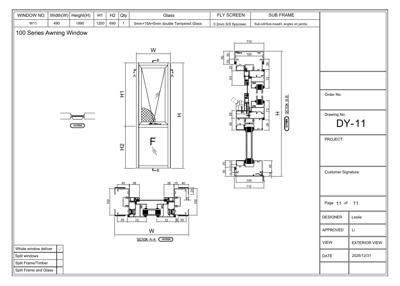 SU100 awning window technical drawing