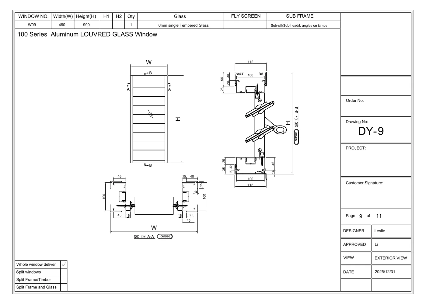 SU100 Louvre Window technical drawing