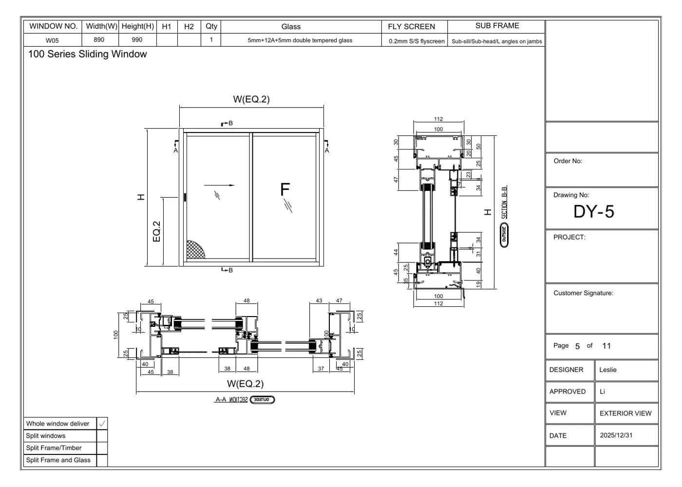 SU100 Sliding Window technical drawing